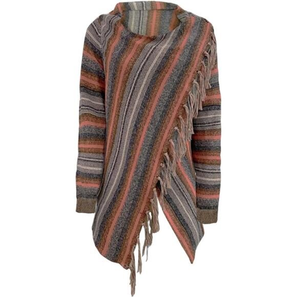 Women's Open Front Knited Tassels Slash Loose Cardigan Crew Neck Speckled Fringe - Picture 5 of 7